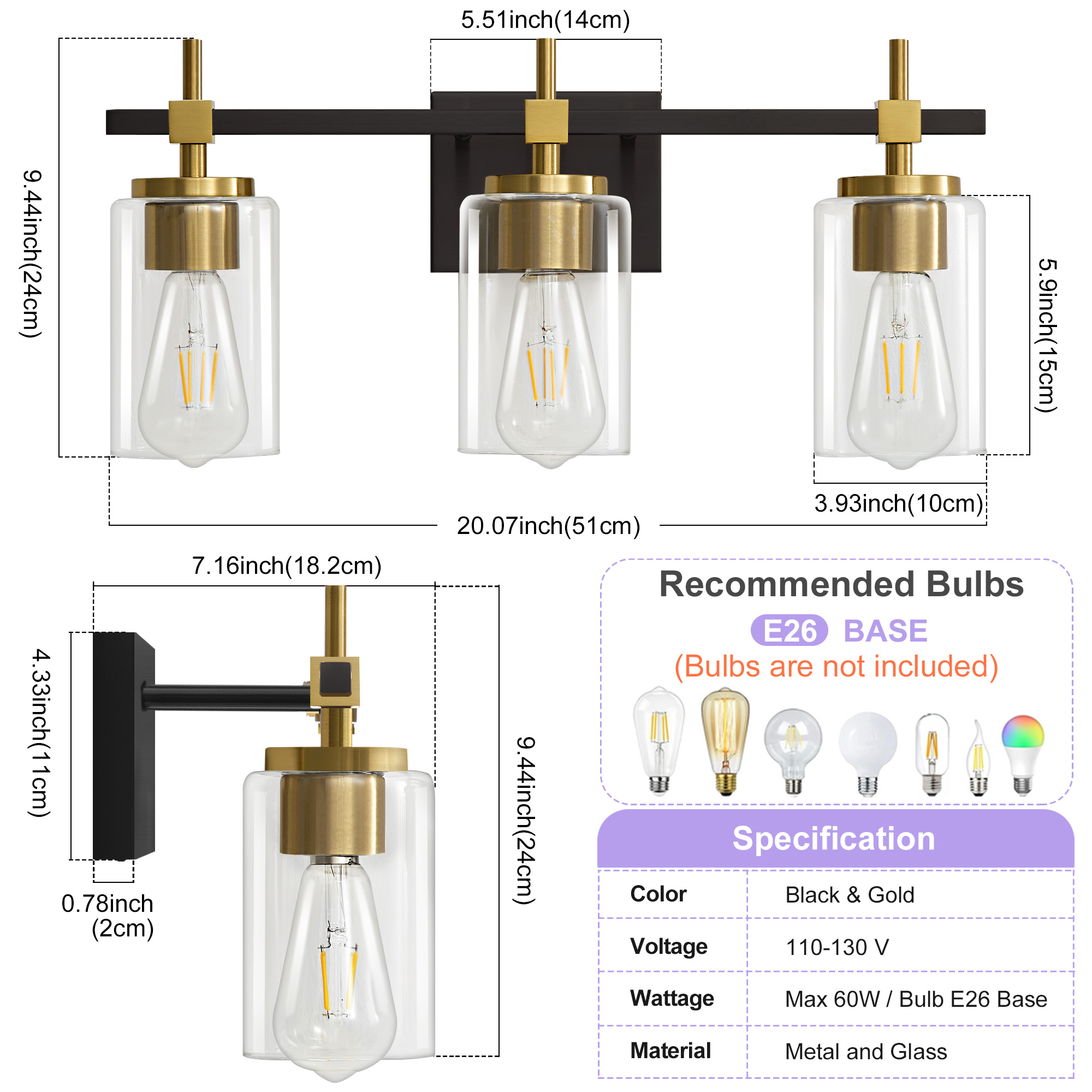 Deyidn 3-Light Black Gold Modern Vanity Light, 20-inch Luxury Mirror Lamp for Bathrooms and Bedroom