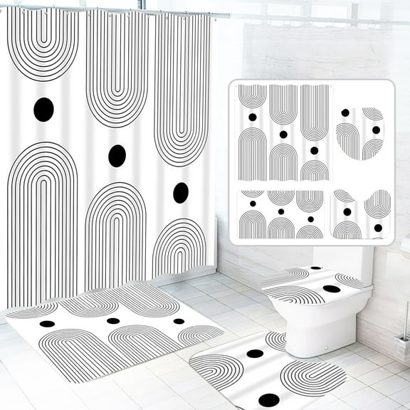 Dznils Boho Fabric Shower Curtains and Bath Rug Set, Modern Bathroom Curtain Sets, White, 72" x 72"