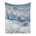 thumbnail image 1 of Winter Soft Flannel Fleece Blanket, Old Farmhouse in Snow Mountains and Frosted Forest Rustic Life Photography, Cozy Plush for Indoor and Outdoor Use, 60" x 80", Caramel White Blue, by Ambesonne, 1 of 6