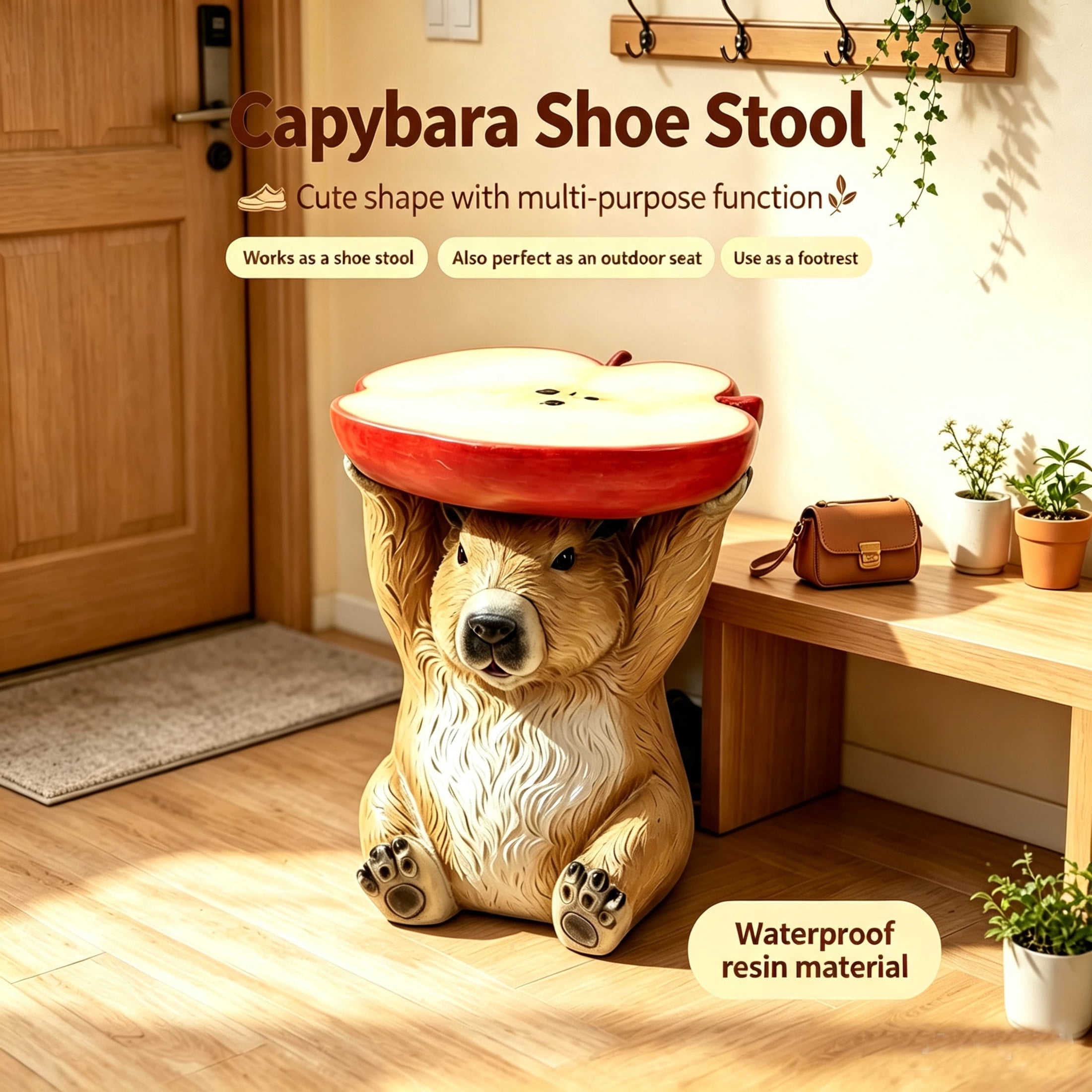Noble House Capybara Apple Stool, Cute Animal Side Table Decor, Outdoor Creative Figurine Seat for Patio, Garden, Brown