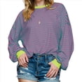 thumbnail image 2 of Camiseta de Larga Extragrande para Mujer, Túnica A Rayas con Bloques de Color, Sudadera Holgada de Otoño con Cuello Redondo Rosa Roja M, 2 of 10