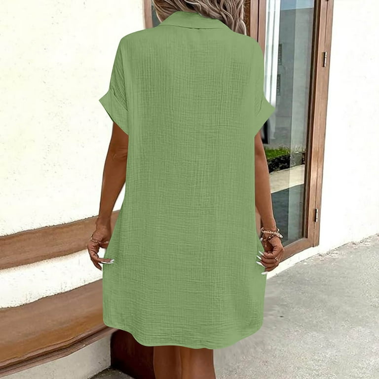 Ecqkame Summer Womens Shirt Dress Casual Short Sleeve Turndown Collar Dress  Solid Color Button Down Beach Dresses with Pockets Mint Green S -  Walmart.com
