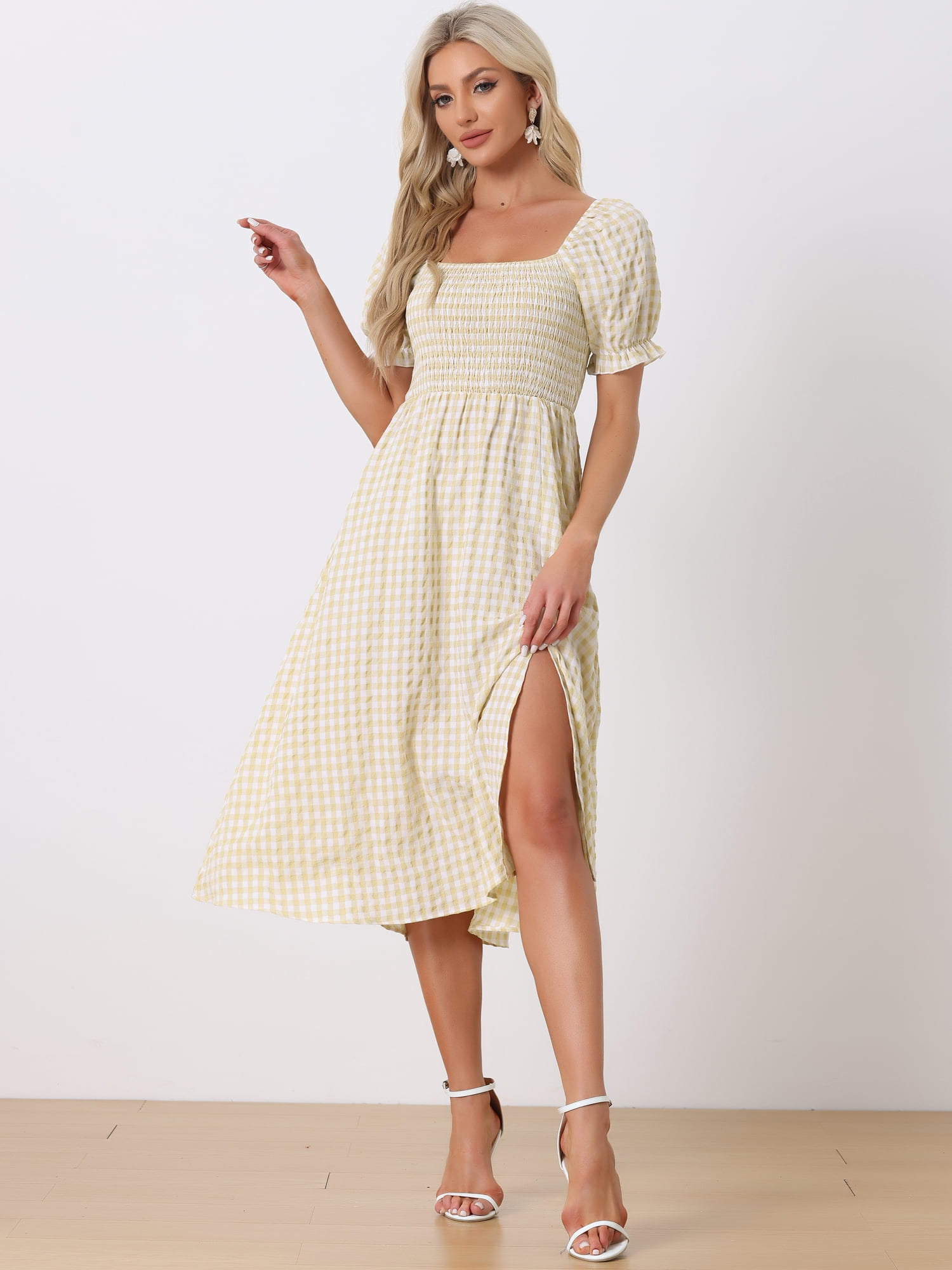 DARING DIVA Puff Sleeve Square Neck Gingham Dress L Light Yellow