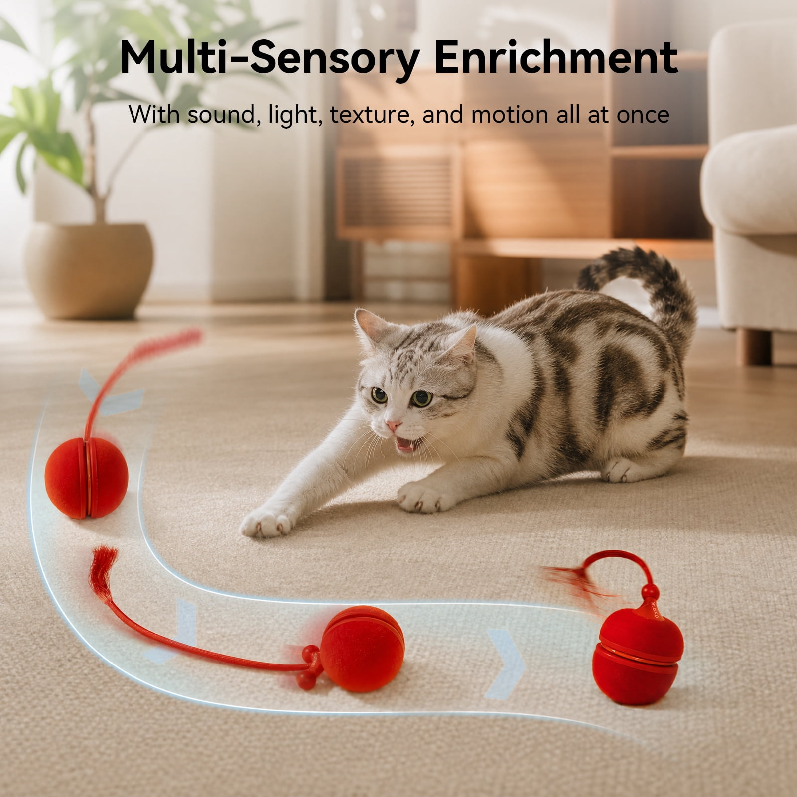 Cheerble Wicked Ball Duo2 Automatic Interactive Cat Toy with Tail & LED Light, Vintage Red