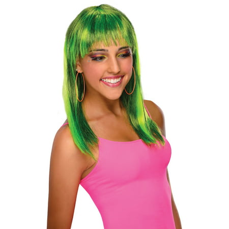 Adult Womens Costume Long Neon Glamorous Green Black Straight Bangs Wig