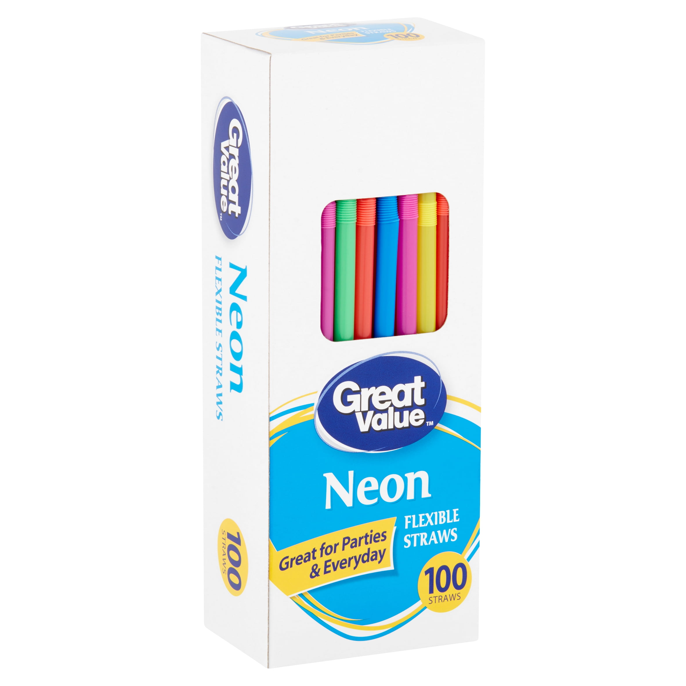 Great Value Neon Flexible Straws, 100 count