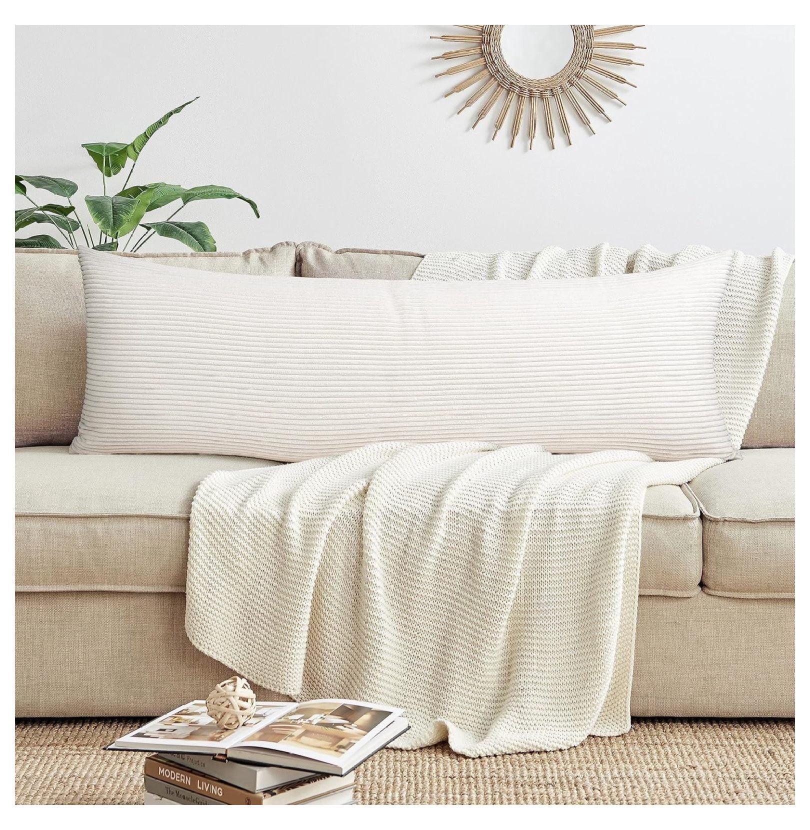 White Unisex Boy or Girl Body Pillow Cover Case – Decorative Accent Long Couch Kids Bed Pregnancy Pillowcase 54x20 - Solid Color Striped Corduroy Textured Minimalist