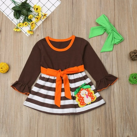 Cute Christmas Day Outfits 1-6Y Baby Girls Thanksgiving Day Striped Party Dress Cute Turkey Printed Outfits ()