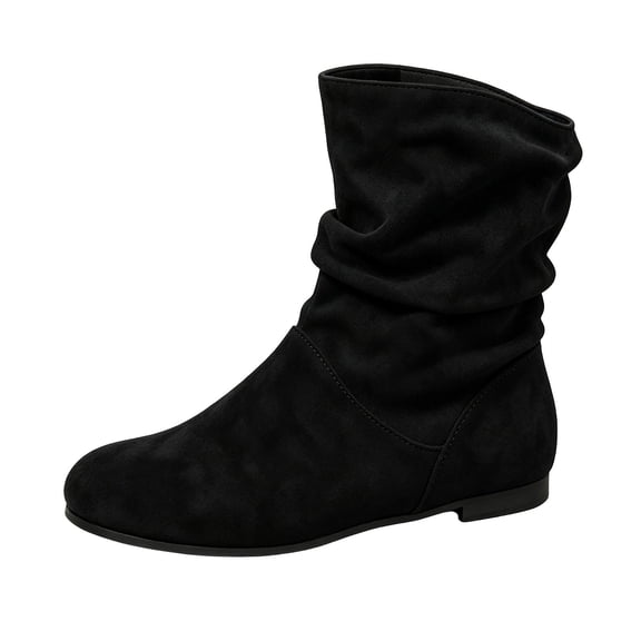 OKBOP Women's Faux Suede Mid-Calf Slouch Boots, Pull-On Round Toe Block Low Heel Casual Fall Boots Black Boots Sizes 39
