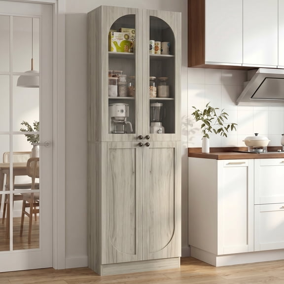 Homieasy 80'' Tall Pantry Storage Cabinet with Glass Doors, 6-Tier Floor Standing Cupboard with Adjustable Shelves for Kitchen, Dining Room, Wash Gray