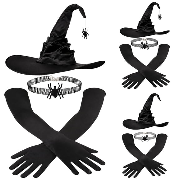 Breezora Halloween Witch Hat Set with Ruched Long Gloves for Women Costume Accessory Black Pointed Cap Dress Up Prop for Party Club Cosplay