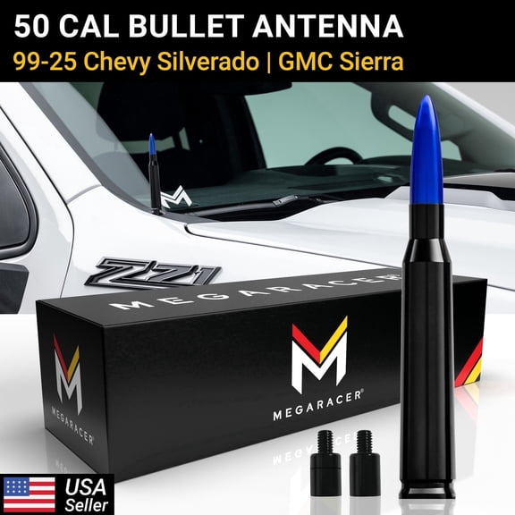 Mega Racer Blue Black 50 Cal Bullet Antenna for 1999-2026 Chevy Silverado & GMC Sierra – Short Truck Antenna Replacement