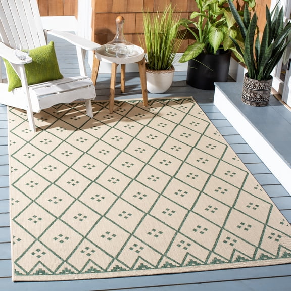 SAFAVIEH Courtyard Cori Bordered Indoor/Outdoor Area Rug, Beige/Green, 4' x 5'7"