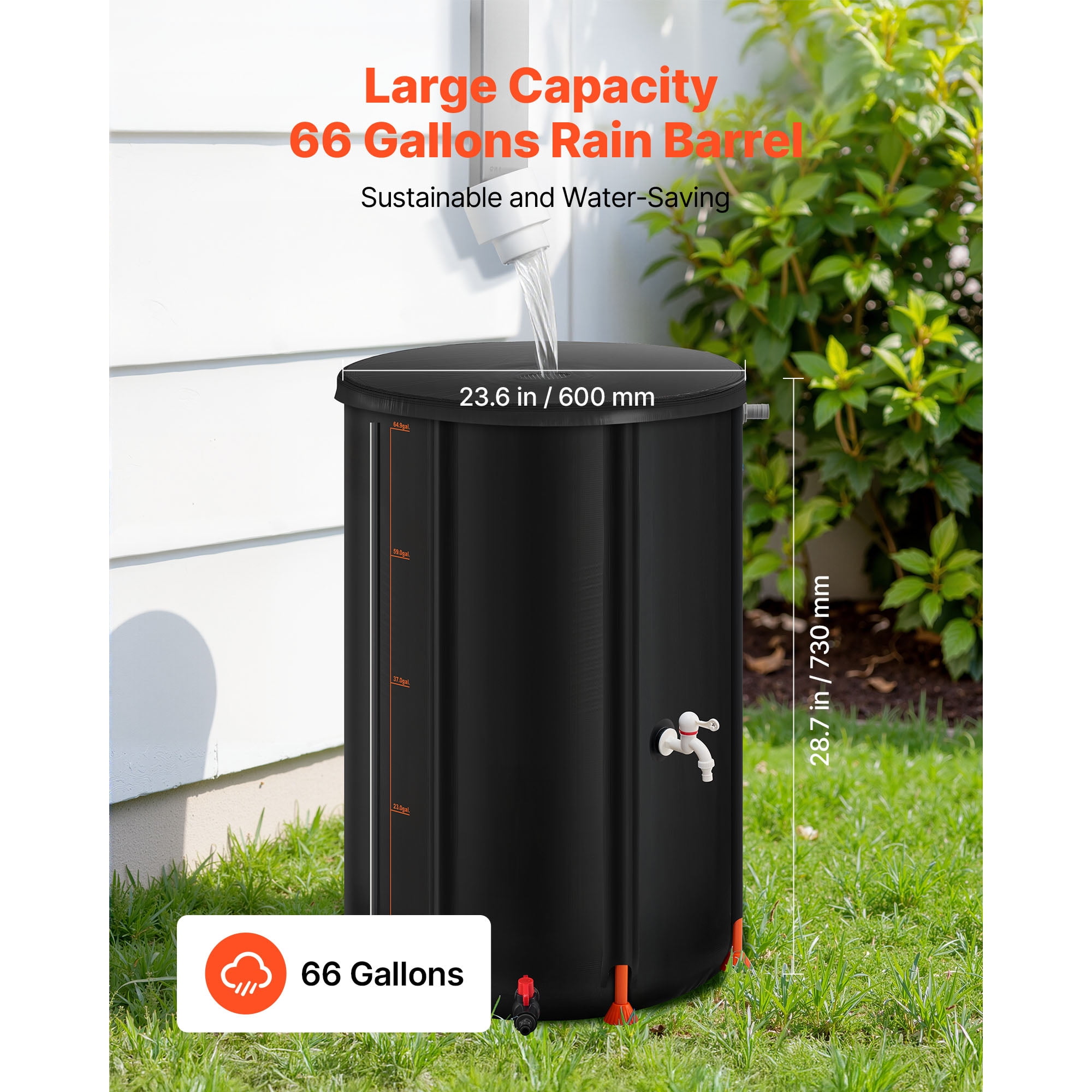 KFFKFF Collapsible Rain Barrel, 66 Gallon Portable Rainwater Collection System, 500D PVC Garden Water Storage Container with Spigot & Overflow Kit, Black