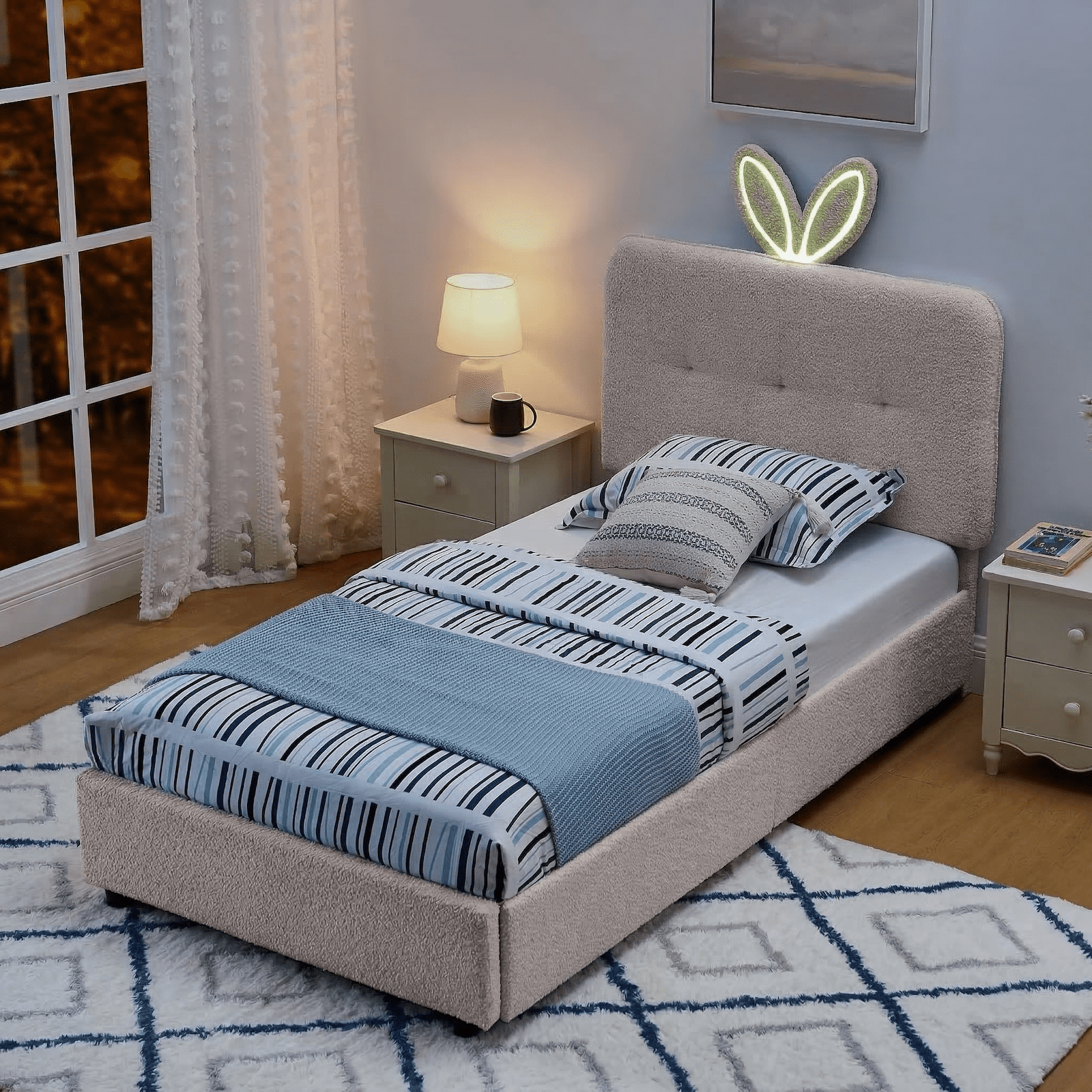 Aisword Twin Upholstered Bed Frame with 4 Storage Drawers & Rabbit Ear LED Headboard, No Box Spring Needed, Wooden Slats Support, Pink