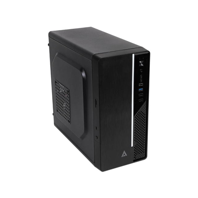 gabinete acteck ultron x, micro atx, fuente de poder 500w. color acteck ac-929547 Gabinete micro torre Acteck Ultron X en vista 3/4 frontal; chasis negro con panel frontal cepillado, tira vertical clara y rejilla inferior. Puertos USB, audio y botones en el borde frontal; lateral con ventilación perforada y fuente de 500W incluida. Compacto, diseñado para oficinas y placas Micro ATX; también suele usarse para ensamblajes de oficina o HTPC por su tamaño reducido.