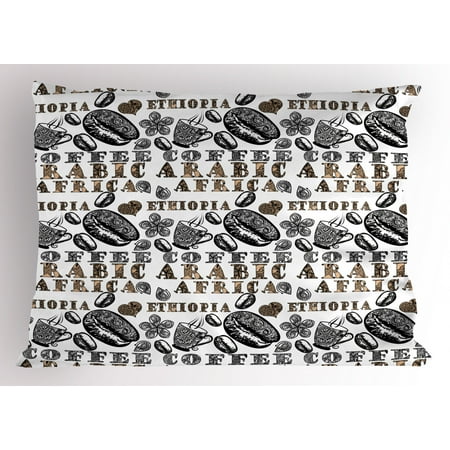 Modern Pillow Sham Coffee Beans With Ethnic Ornamental Words