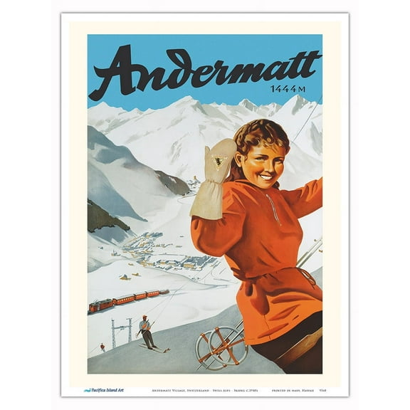Andermatt Village Switzerland - Swiss Alps - Skiing - Vintage Travel Poster c.1940s - Master Art Print (Unframed) 9in x 12in
