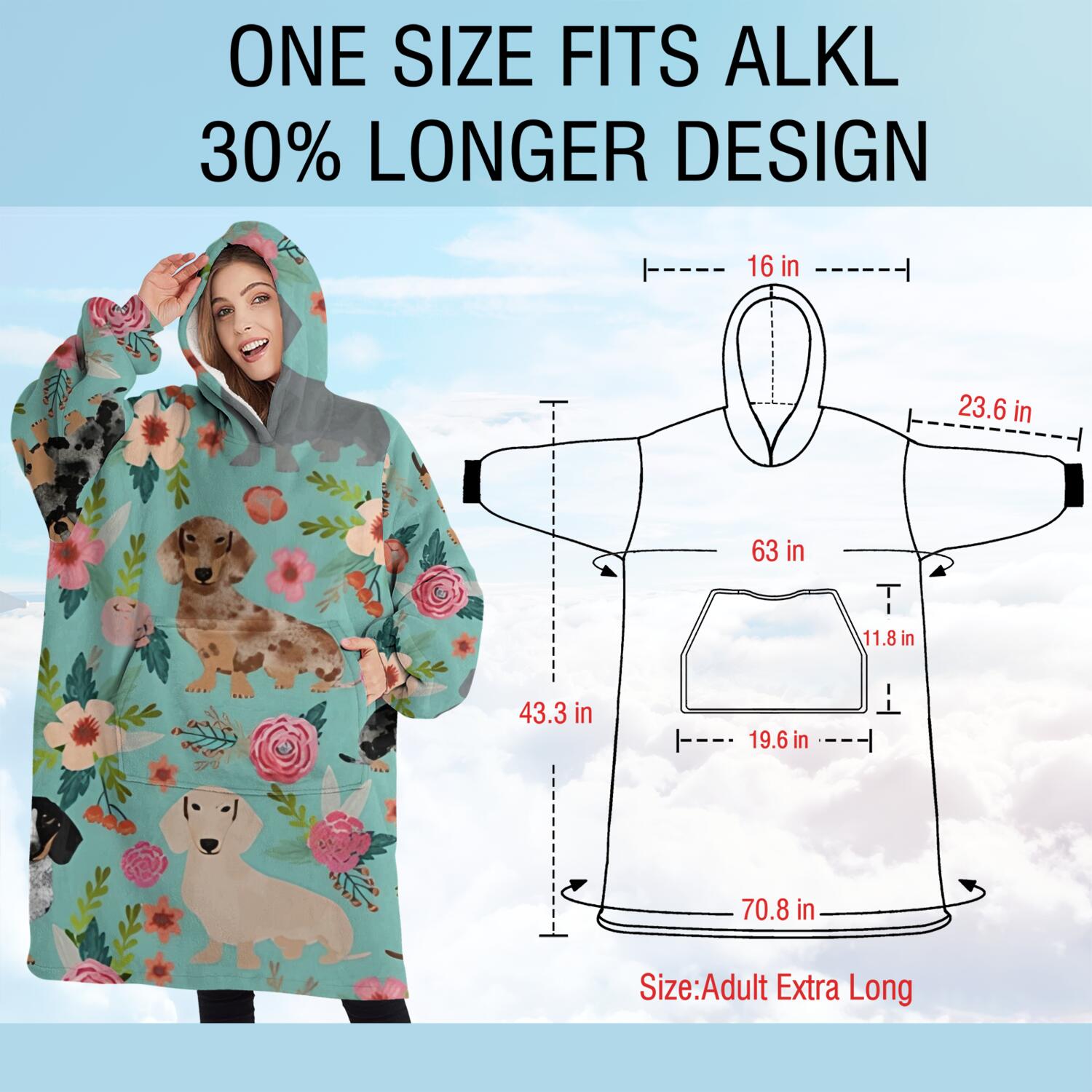 Oversized Wearable Blanket Hoodie,Dachshund and Flower Sherpa Blanket Hoodie with Super Pockets,Super Warm Fuzzy Pullover for Women & Men