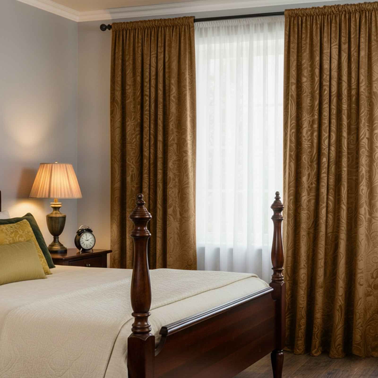 Lapalife Blackout Velvet Curtains, Scroll Floral Pattern Rod Pocket Thermal Insulated Velvet Curtain Drapes for Living Room, 2 Panels, 52"x 96", Golden Brown