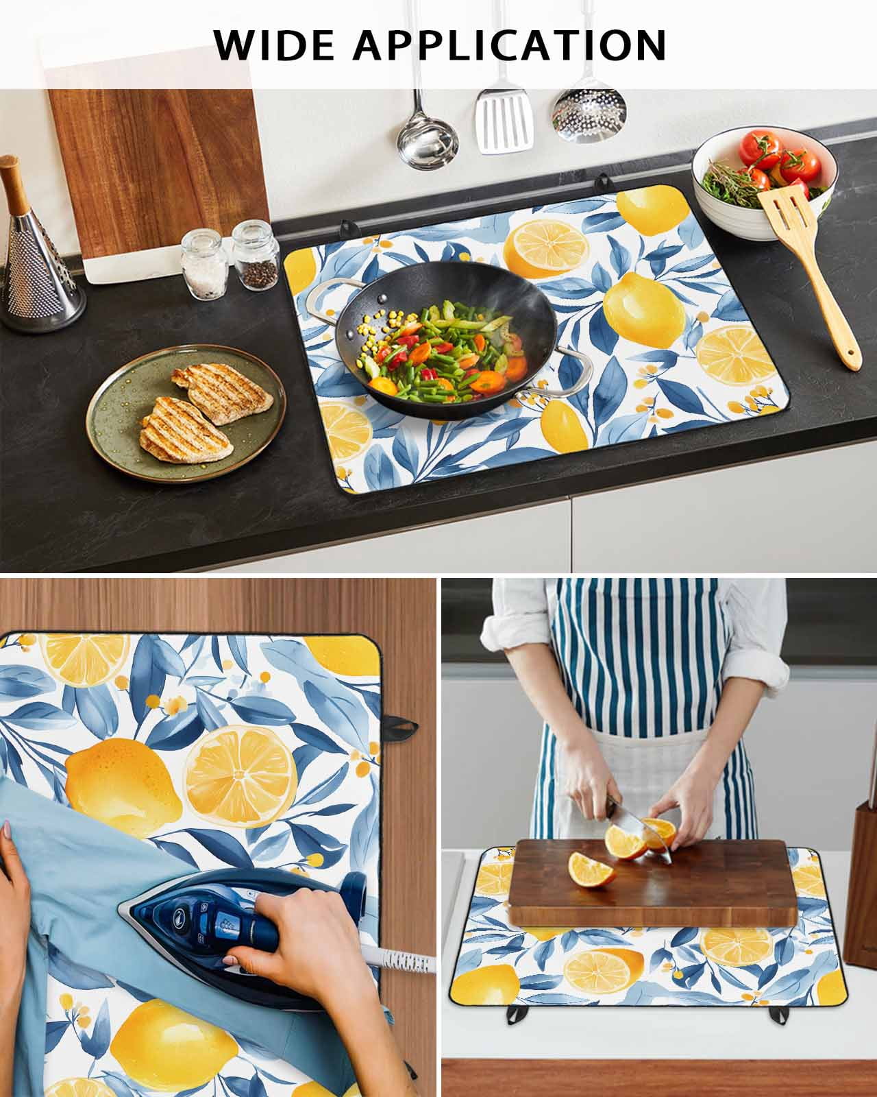 nqOlkjepod Large Induction Cooktop Protector Mat 31"x24", Summer Lemon Stove Top Covers for Electric Stove, Spring Pastoral Watercolor Fruit Blue Yellow Stove Burner Cover Mats Stove Cover