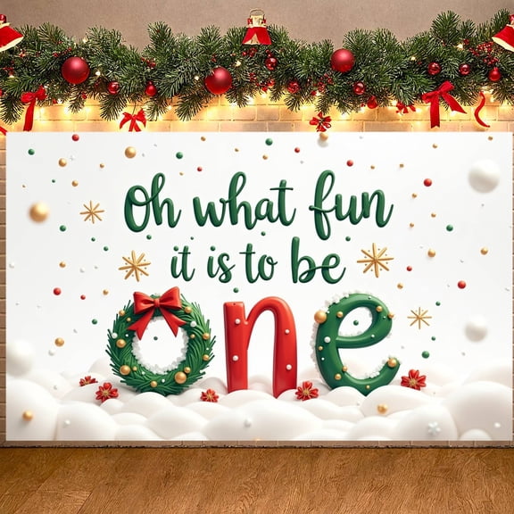 Green Lettering First Christmas Banner Red Bow Baby's First Xmas Display Christmas Wreath Golden Snowflakes Holiday Backdrop for 1st birthday party Christmas celebration family gathering