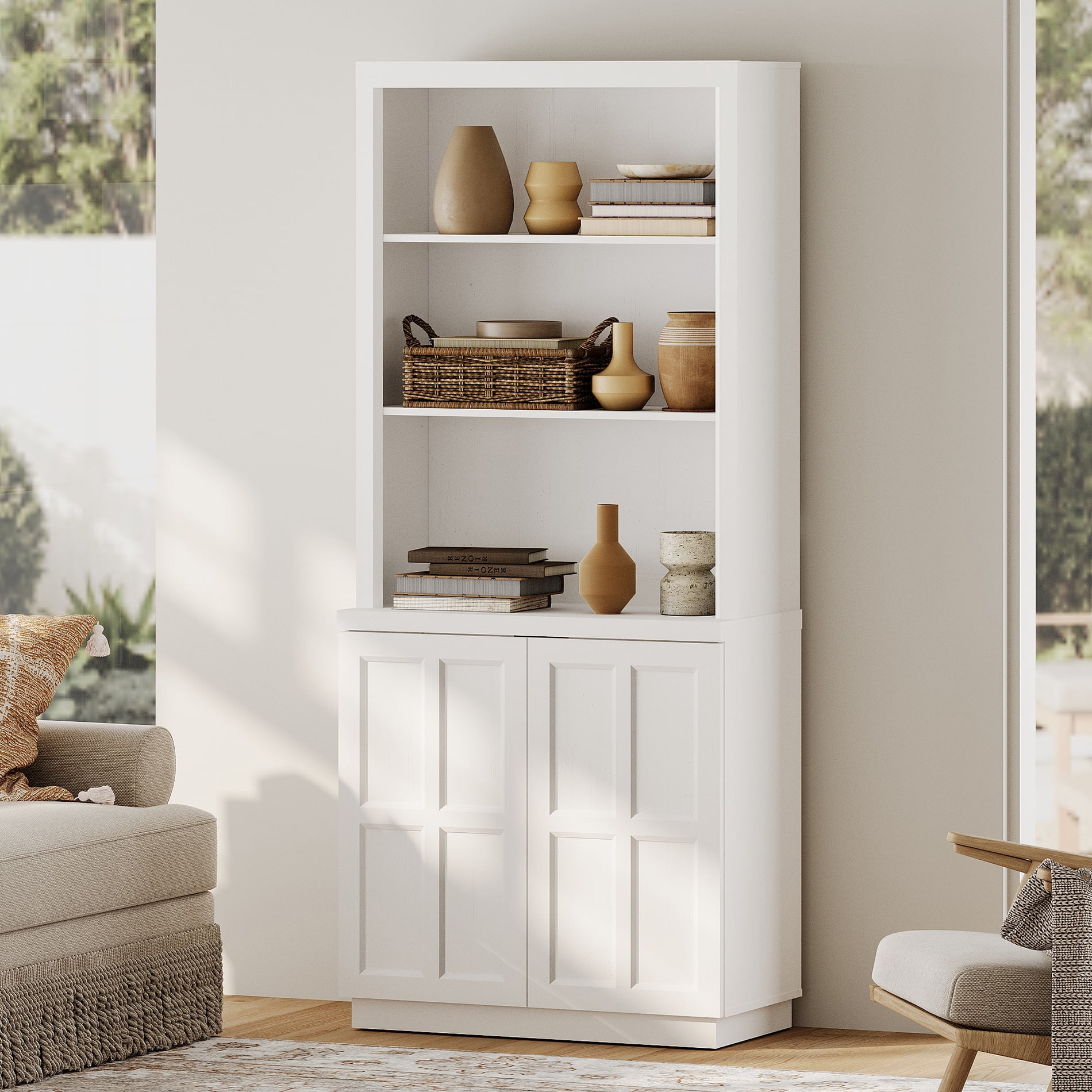 HOMOOI Freestanding Pantry Cabinet, Boho Rustic Hutch with Open Display Shelves & Adjustable Inner Shelves, Anti-Wobble Wooden Storage Organizer for Kitchen, Dining Room, Entryway,White