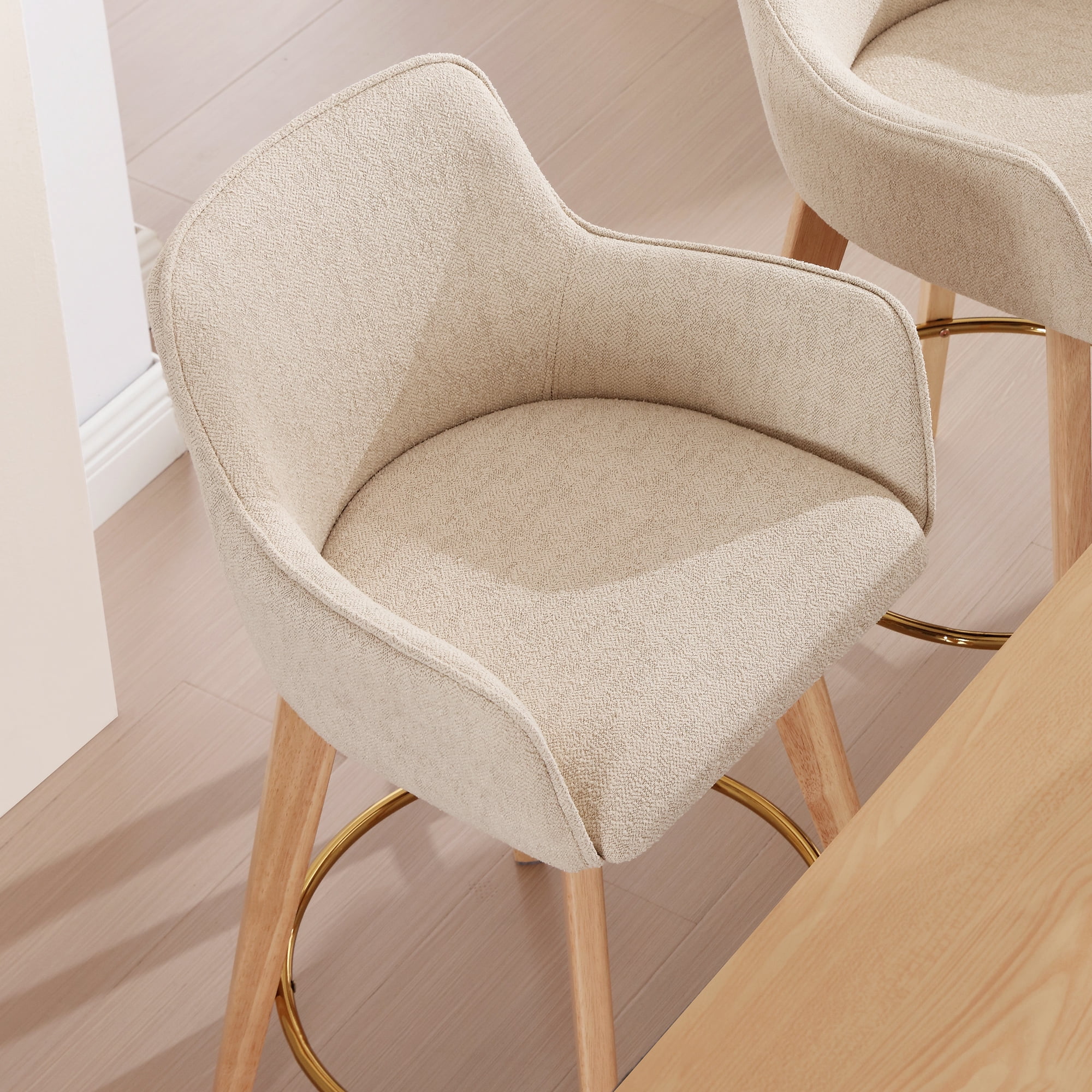 Zesthouse 26.6" Modern Bar Stools Counter Height, Swivel Single Bar Stool for Kitchen Island, Upholstered Linen Barstools with Barrel Back, Arms and Solid Wood Legs, Beige