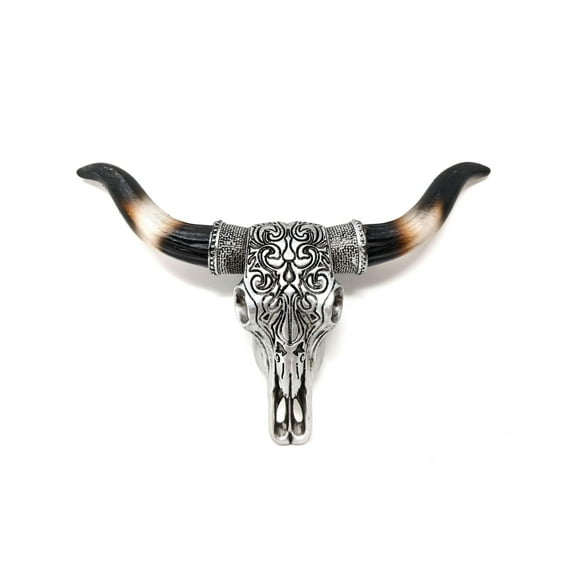 Mini Tooled Bull Skull Wall Sculpture | Silver Scrolls Design | Rustic Southwestern Wall Decor | Small Black & White Horned Cow Skull | Western Home Decor | Animal Head Wall Hanging 6" (L)