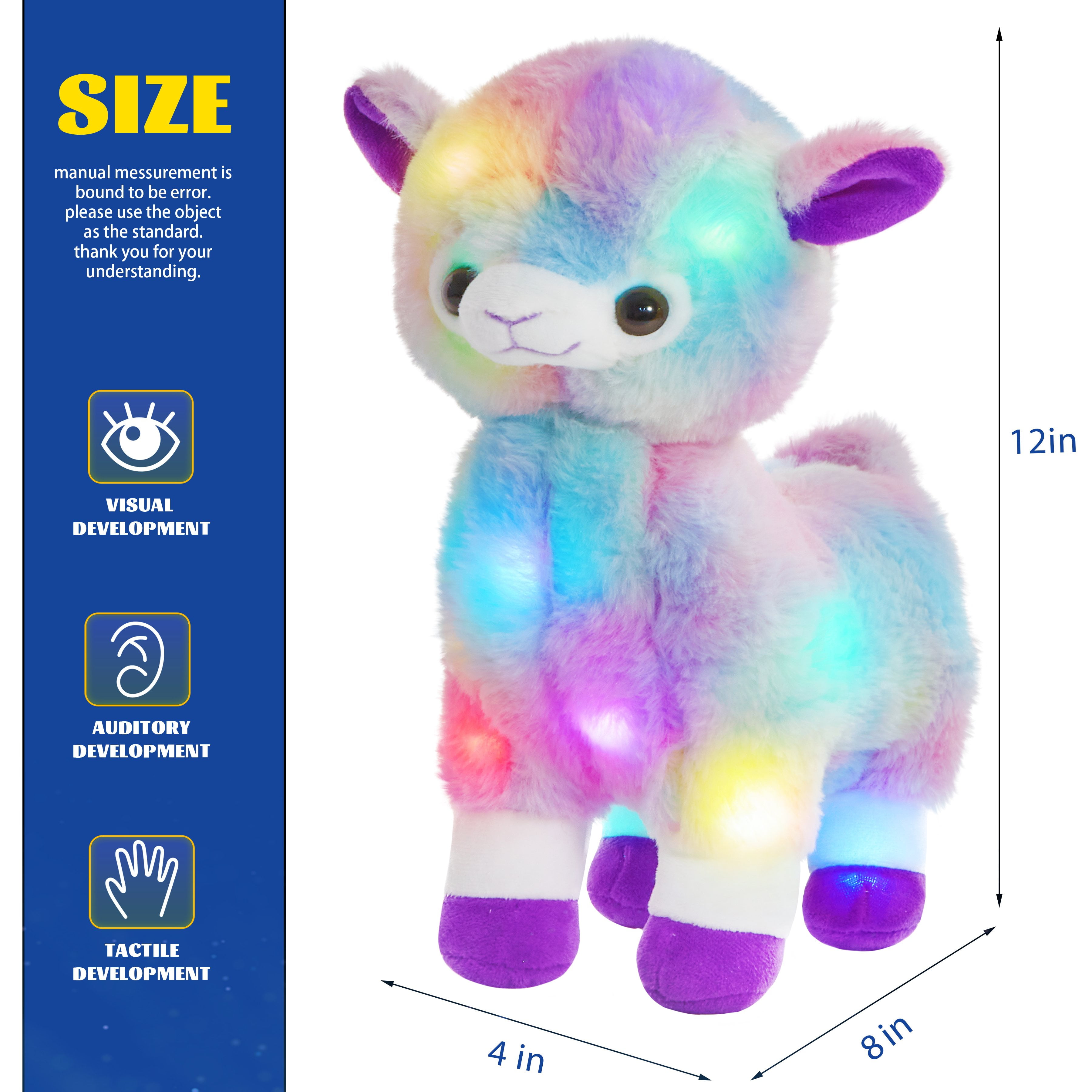 Glow Guards 12 Light up Rainbow Alpaca Plush Toy Stuffed Lamb Animals Birthday Gifts for Kids and Toddlers