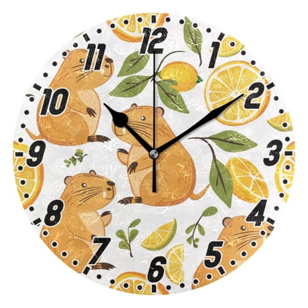 Funny Baby Capybaras and Orange Round Wall Clock Battery Operated Silent Non-Ticking Bedroom Office Kitchen Home School Decor 10(Black)