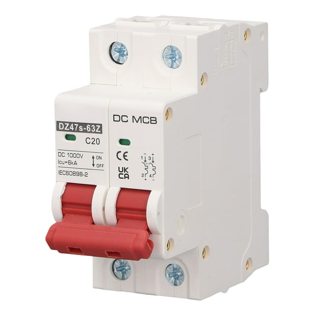 20A 2P DC1000V Miniature Circuit Breaker with 6000A Breaking Capacity, PA66 Housing - Fast Short-Circuit Decoupling, Magnetic Arc Extinguishing, DIN Rail Mount for Solar Power Distribution Overload