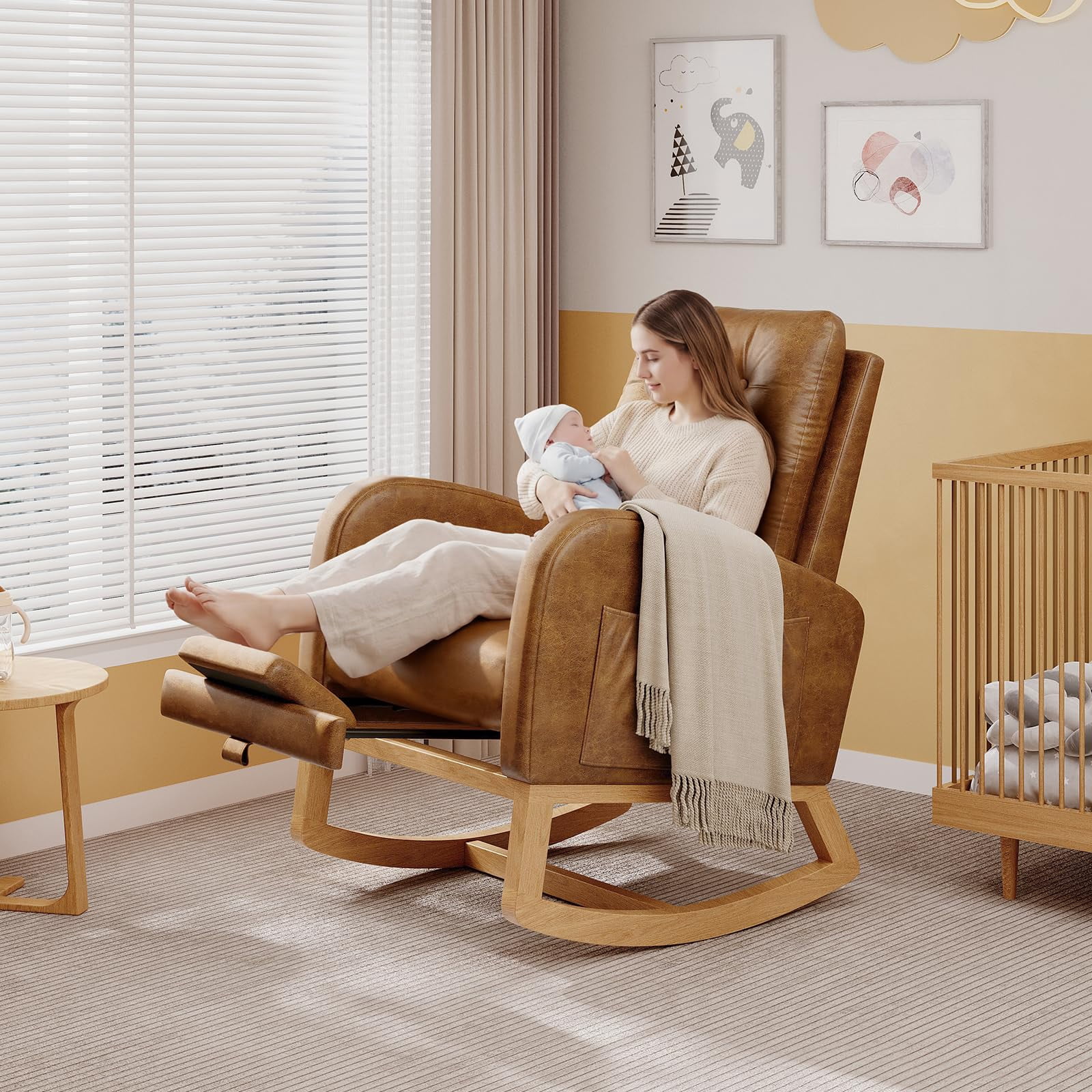 Modern Linen Upholstered Rocking Chair - Glider Chair with Side Pocket for Living Room Bedroom Nursery