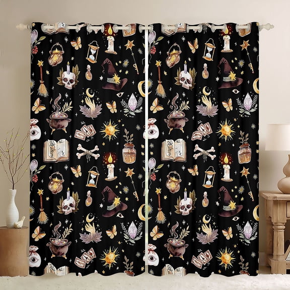 Homewish Halloween Witch Kitchen Curtains for Kids Girls, Magic Book Black Out Curtains Pack of 2 (42x63 Each), Black