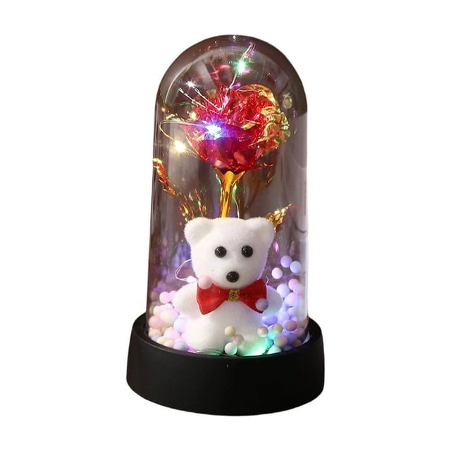 Specollect 4 Pcs Valentine's Day Rose Bear Night Light - LED Preserved Flower in Glass Dome, Romantic Decorative Ambient Light for Desktop, Bedside, Gift 8.5*15.5CM
