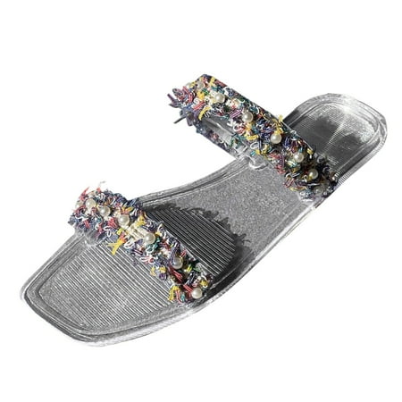 

GWAABD Slide On Slippers for Women Bottom Fashion Women and Pearl Beach Spring Summer Rhinestone Flat Slippers Shoes Size Large Women s Slipper