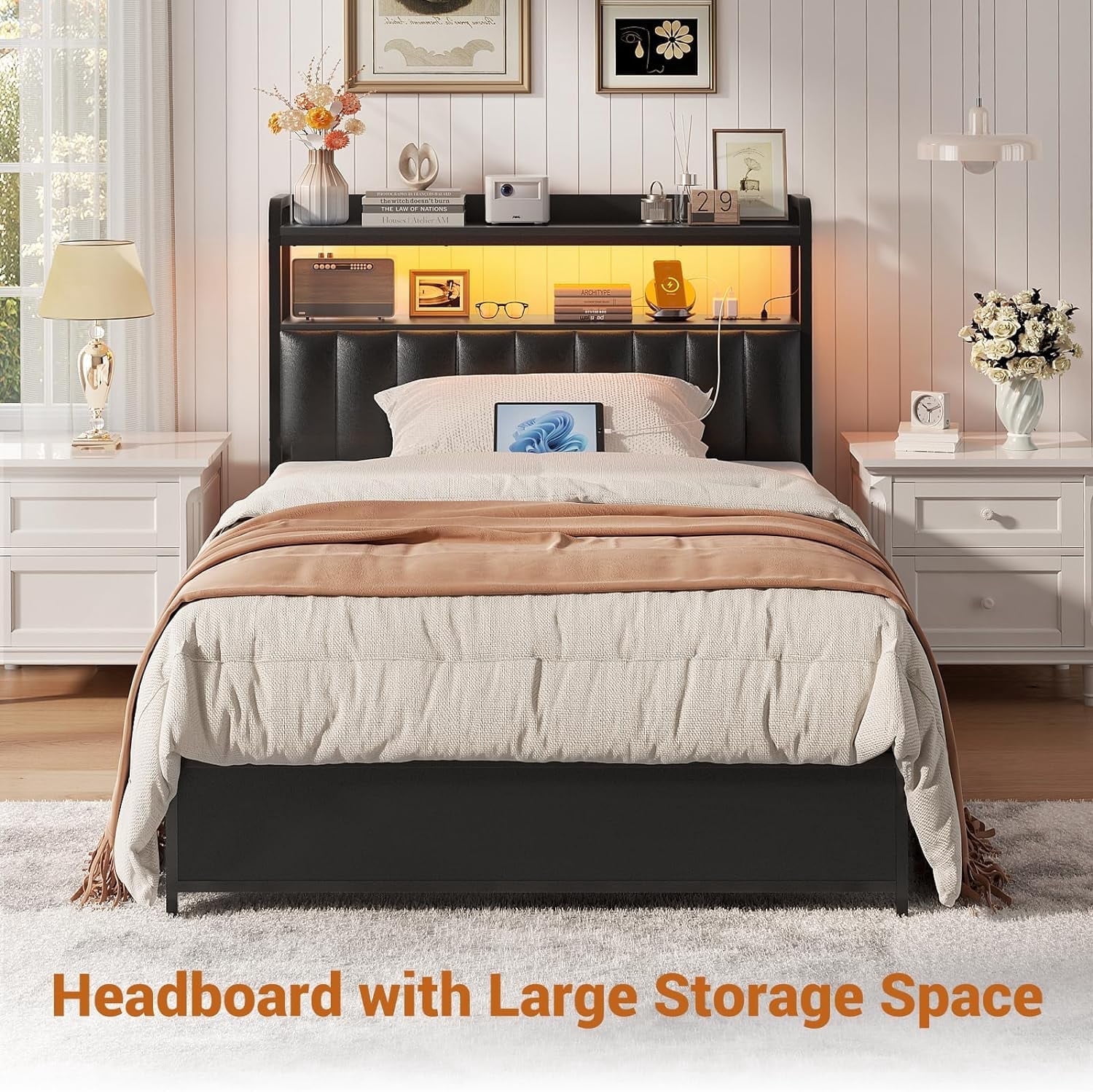 iSunirm Upholstered Headboard for Twin Size Bed, Head Board with Power Outlet & LED Lights, Easy Assembly, Black