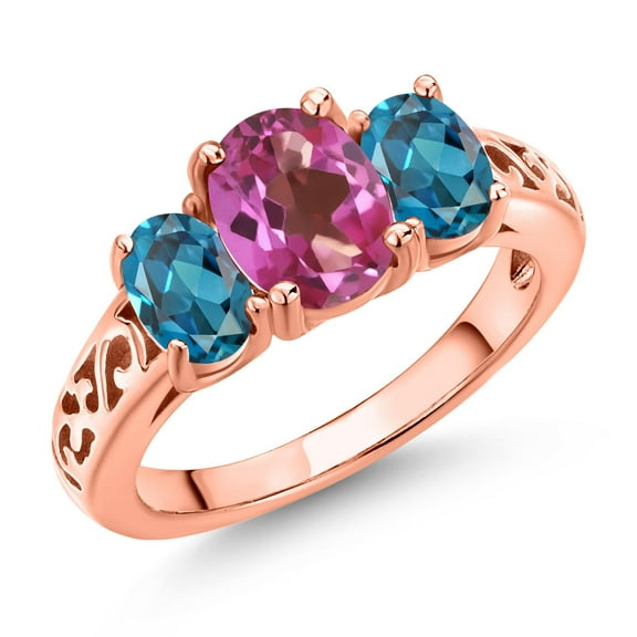 Gem Stone King 18K Rose Gold Plated Silver Pink Mystic Topaz and London Blue Topaz Filigree Style 3 Stone Ring for Women (2.50 Cttw, Oval 8X6MM and 6X4MM) (Size 6)