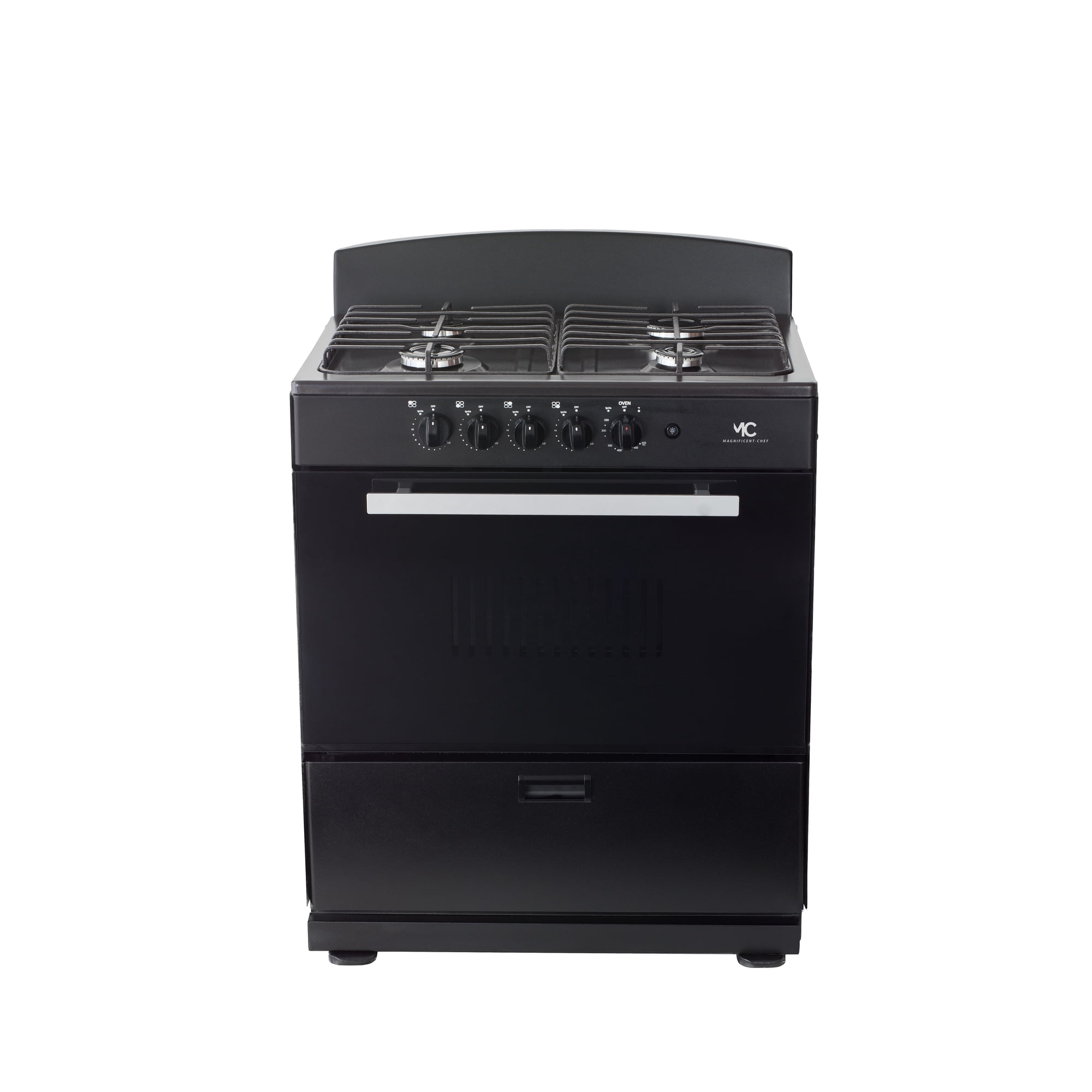 Magnificent Chef - Free Delivery - 30" Black Gas Stove with 4.0 CFT Oven Capacity -Sealed Burners, 2 Ultra-Fast, 2 Fast – Easy to Clean, Iron Grates, Cool Knobs 2-year Warranty.