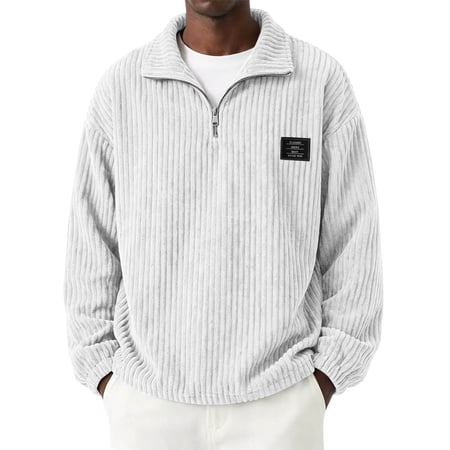 Corduroy Quarter Zip Sweatshirt Men Soft Ribbed Pullover Top for Travel Casual Loose Solid Color Long Sleeve Fall Sweatshirt White XL
