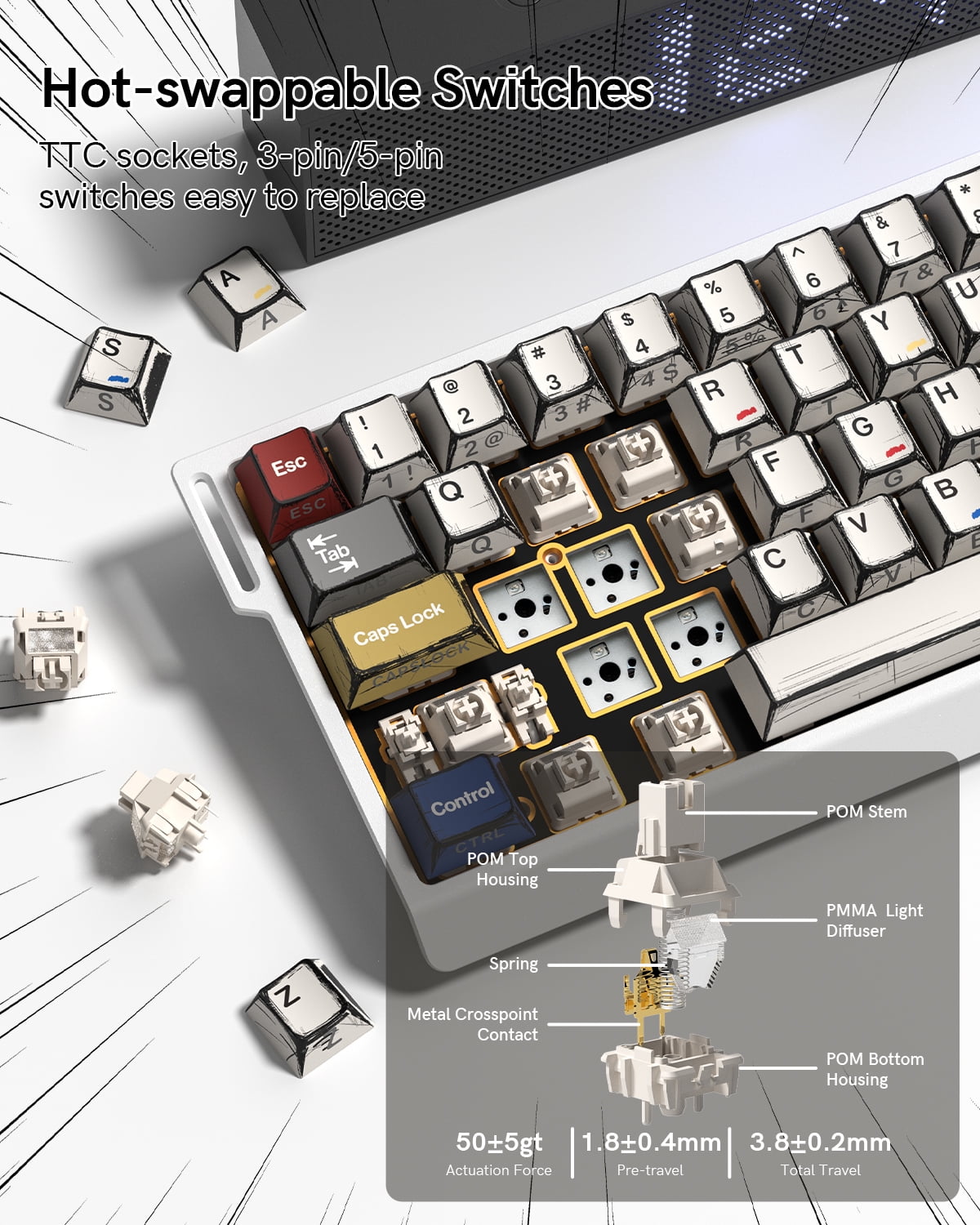 SK68 65% Gaming Keyboard, Wired Backlit Mini Keyboard w/100% Hot-Swap Socket 68 Keys Aluminum Gaming Wired Keyboard for PC Laptop Game