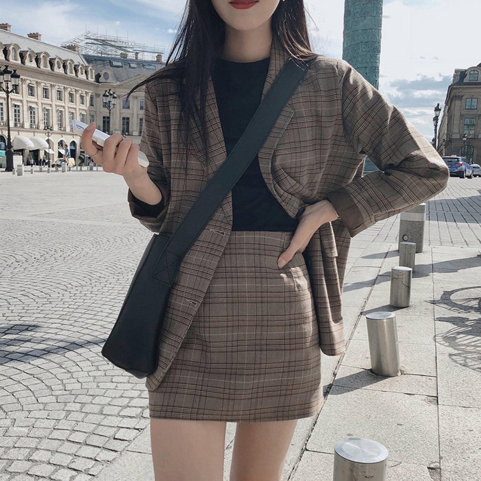 YOTAMI Womens Skirts Retro Plaid Coat Set Single-breasted Jacket u0026 Pencil  Skirt 2 Pieces Skirt Suit Coffee - Walmart.com