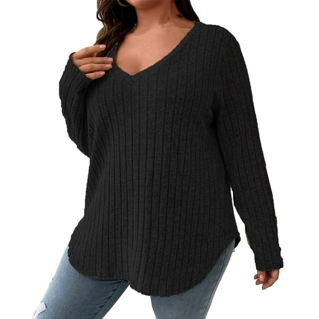 aidice Plus Size Sweaters for Women Ribbed Knit V Neck Long Sleeve Tops Curved Hem Loose Casual Oversized Pullover Tops