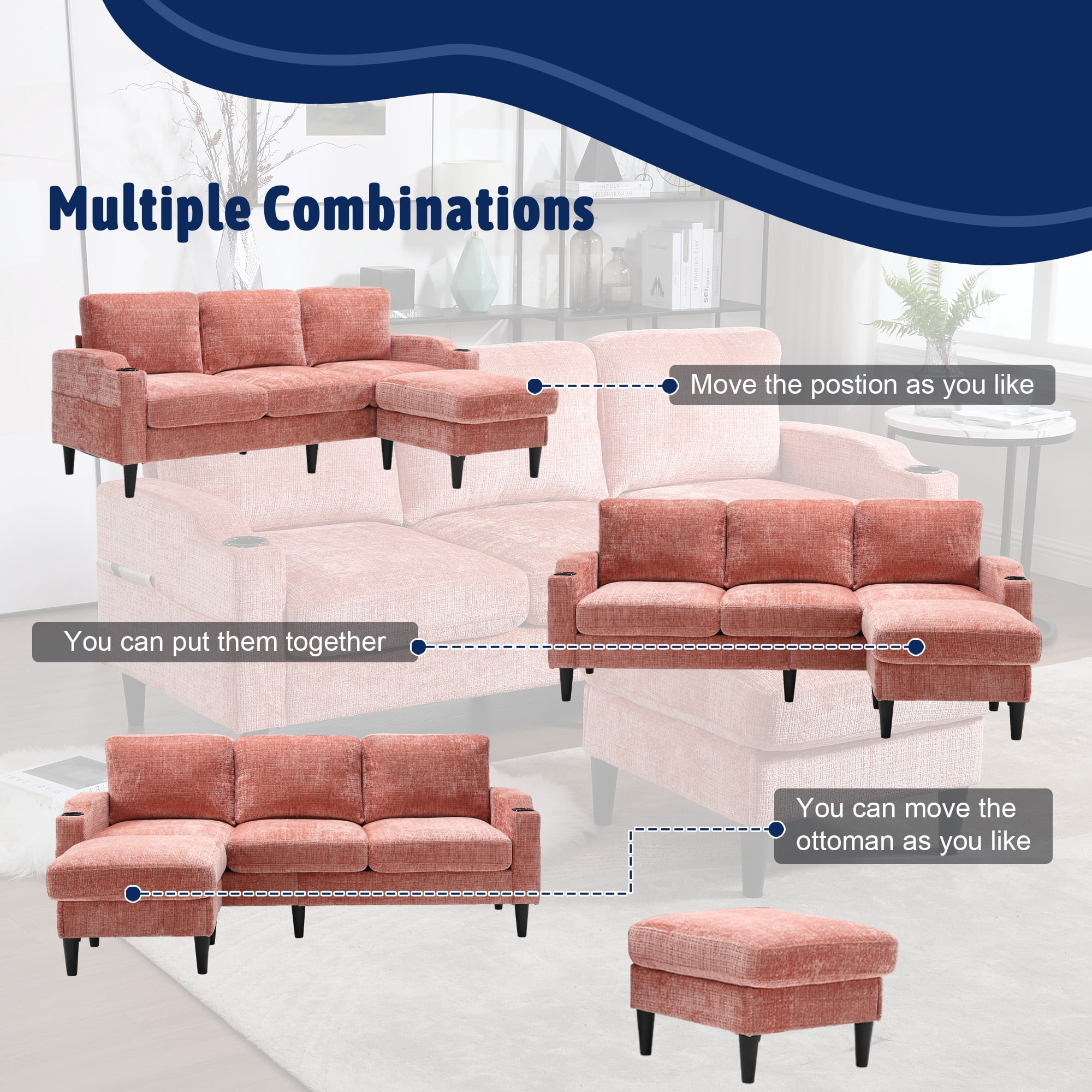 MOONMISS Chenille Upholstered L-Shaped Living Room Sofa with Storage Ottoman-Pink