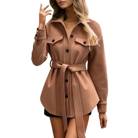 QHFBli Women's Winter Belted Long Trench Coat Single Wool Pea Coat Classic Lapel Collar Long Jackets with Tie Belt