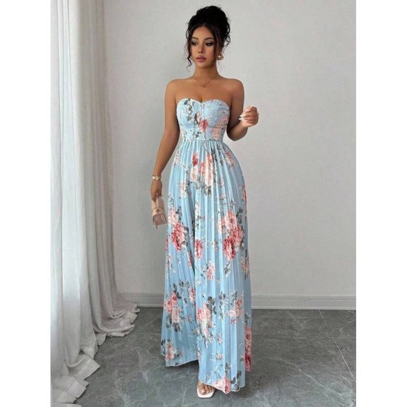 Multicolor Floral Print Ruched Waist A-Line Strapless Maxi Dress For Women