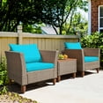 thumbnail image 3 of Gymax 3PCS Rattan Patio Conversation Furniture Set w/ Wooden Feet Turquoise Cushions, 3 of 10