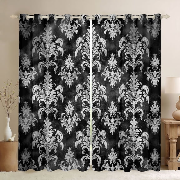 Feelyou Grey Damask Blackout Curtains Set of 2 (52x84 Each), Boho Floral Window Curtains