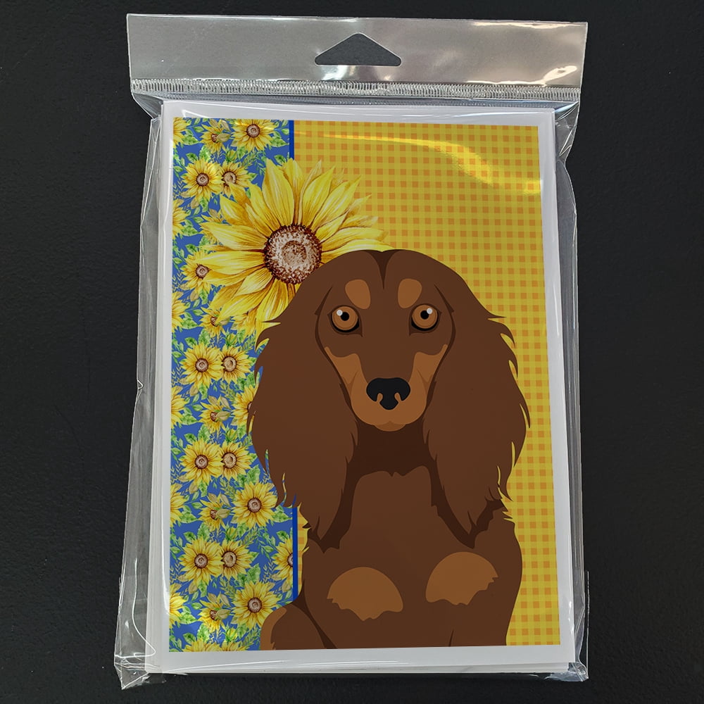 Summer Sunflowers Longhair Chocolate and Tan Dachshund Greeting Cards and Envelopes Pack of 8 7 in x 5 in