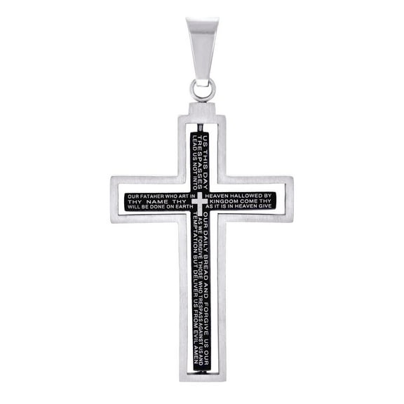 Stainless Steel Black-tone Mens Lord's Prayer Cross Religious Charm Pendant Necklace for Men